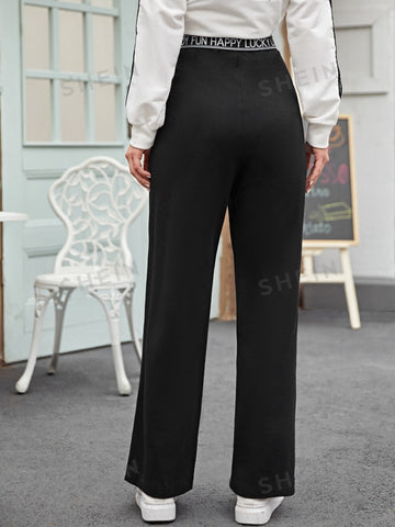 EZwear Tied Slogan Waist Wide Leg Joggers