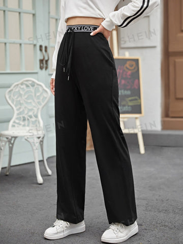 EZwear Tied Slogan Waist Wide Leg Joggers