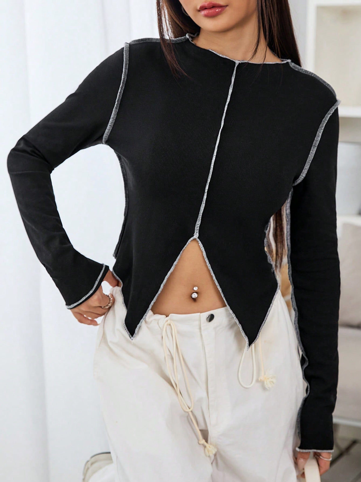 Top-stitching Split Hem Tee