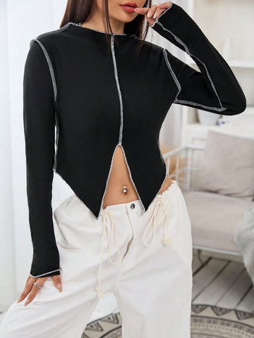 Top-stitching Split Hem Tee