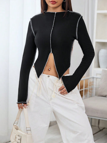 Top-stitching Split Hem Tee