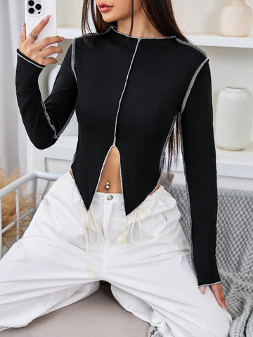 Top-stitching Split Hem Tee