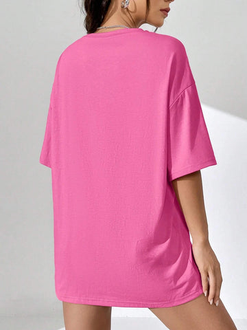 EZwear Tropical & Letter Graphic Drop Shoulder Oversized Tee