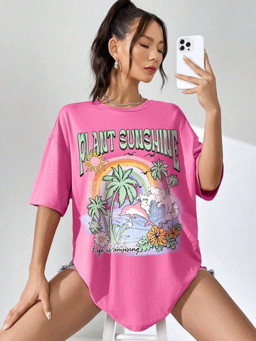 EZwear Tropical & Letter Graphic Drop Shoulder Oversized Tee