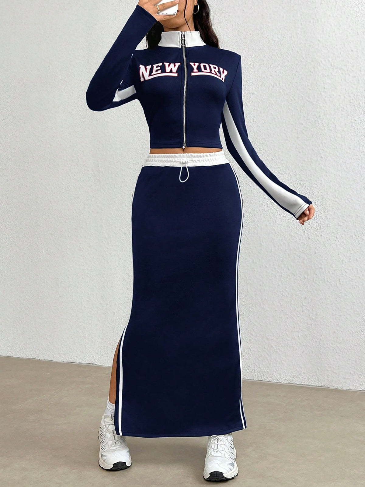 Two Piece Set: Text Pattern Stand Collar Zipper Jacket And Skirt