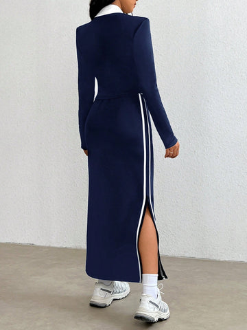 Two Piece Set: Text Pattern Stand Collar Zipper Jacket And Skirt