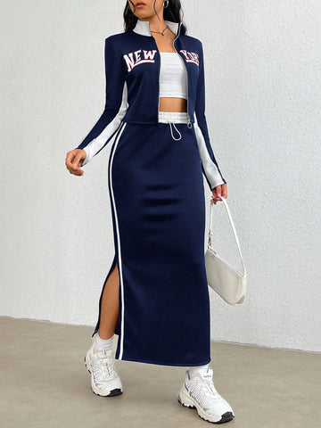 Two Piece Set: Text Pattern Stand Collar Zipper Jacket And Skirt