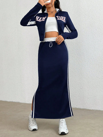 Two Piece Set: Text Pattern Stand Collar Zipper Jacket And Skirt