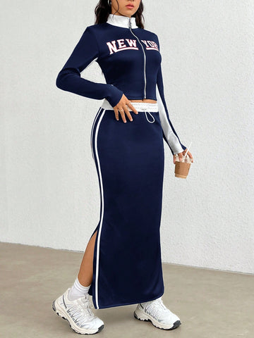Two Piece Set: Text Pattern Stand Collar Zipper Jacket And Skirt