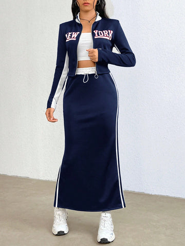 Two Piece Set: Text Pattern Stand Collar Zipper Jacket And Skirt