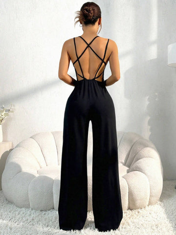 V-Neck Backless Loose Fit Women's Jumpsuit For Casual Wear
