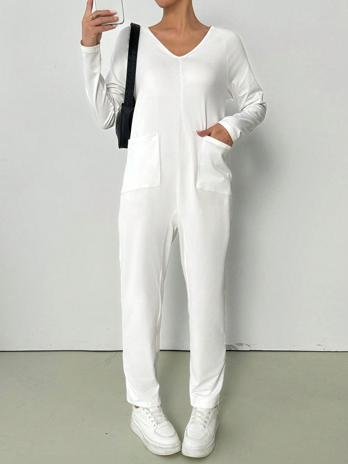 V-Neck Solid Color Casual Long Sleeve Jumpsuit With Pockets