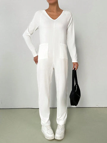 V-Neck Solid Color Casual Long Sleeve Jumpsuit With Pockets