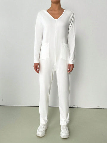 V-Neck Solid Color Casual Long Sleeve Jumpsuit With Pockets