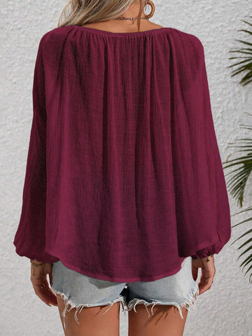 EZwear V-Neck Solid Color Long Sleeve Casual Top