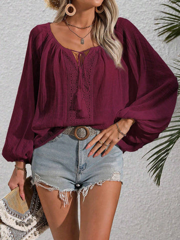 EZwear V-Neck Solid Color Long Sleeve Casual Top