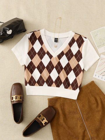 EZwear V Neck Argyle Print Tee
