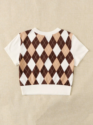 EZwear V Neck Argyle Print Tee