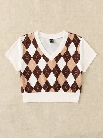 EZwear V Neck Argyle Print Tee