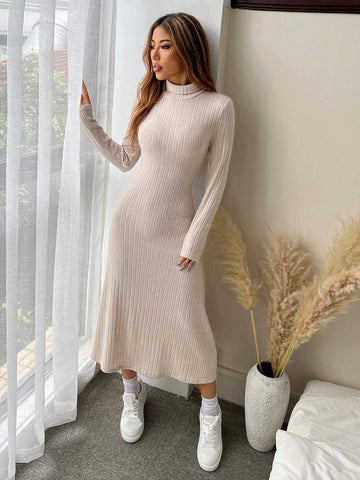 Velvet Ribbed Turtleneck Long Sleeve Midi Dress