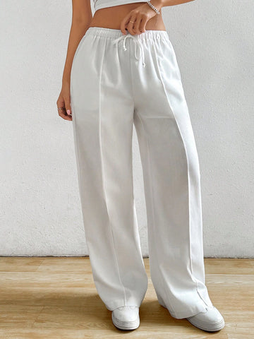 EZwear White Cotton And Linen Loose Straight Drawstring Waist Slant Pocket Pants