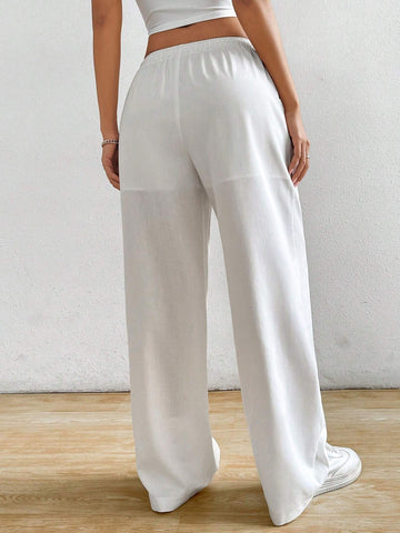 EZwear White Cotton And Linen Loose Straight Drawstring Waist Slant Pocket Pants