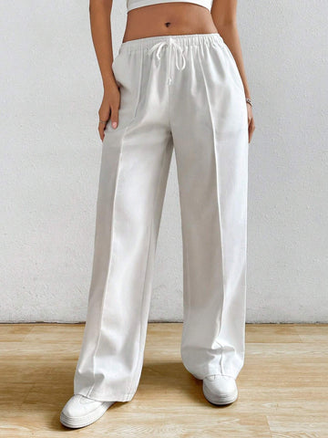EZwear White Cotton And Linen Loose Straight Drawstring Waist Slant Pocket Pants