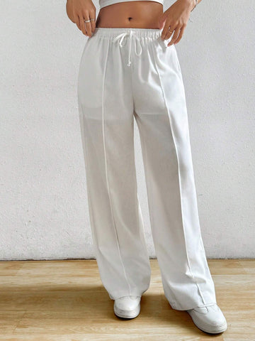 EZwear White Cotton And Linen Loose Straight Drawstring Waist Slant Pocket Pants