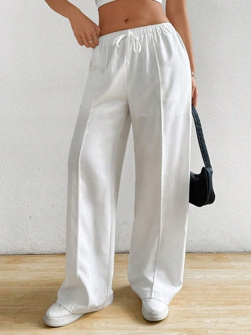 EZwear White Cotton And Linen Loose Straight Drawstring Waist Slant Pocket Pants