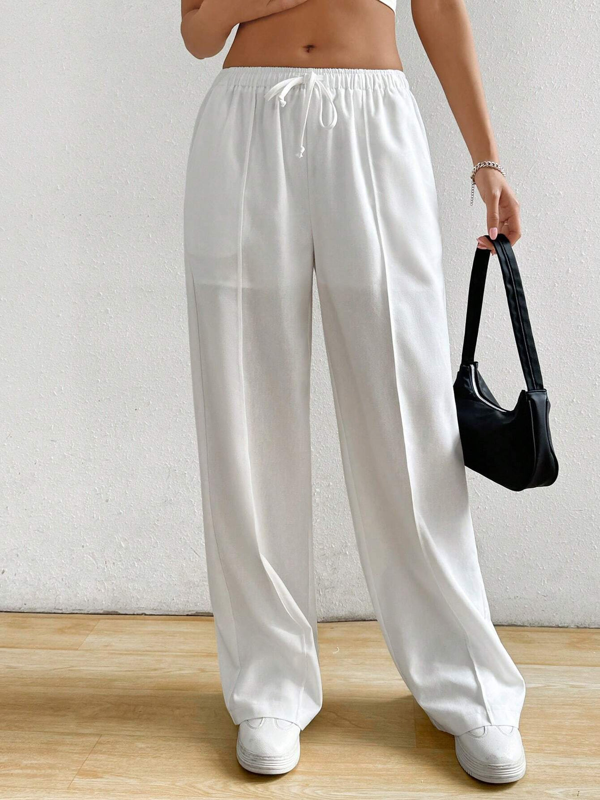 EZwear White Cotton And Linen Loose Straight Drawstring Waist Slant Pocket Pants