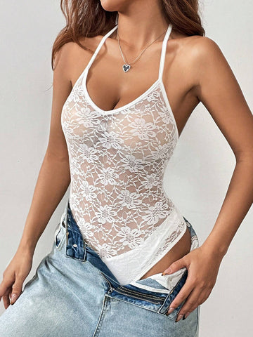 White Deep V-Neck See-Through Lace Halter Bodysuit