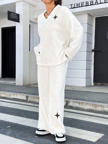 White Furry Ladies Home Wear Set