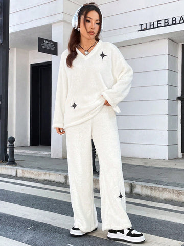 White Furry Ladies Home Wear Set