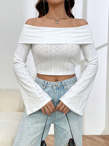 EZwear White Knit Off-shoulder T-shirt