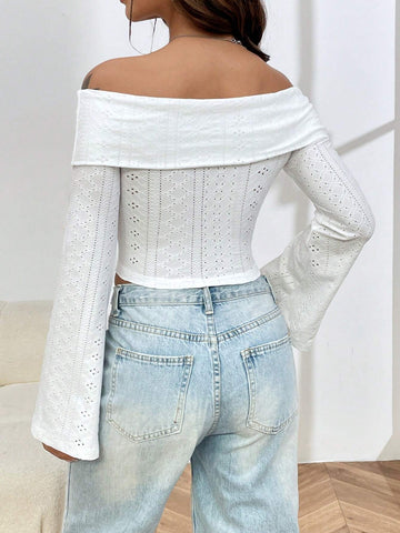 EZwear White Knit Off-shoulder T-shirt