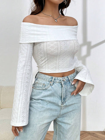 EZwear White Knit Off-shoulder T-shirt