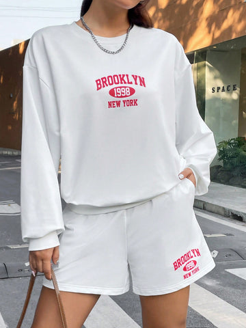 White Letter Print Sweatshirt And Shorts Set With Slanted Pockets