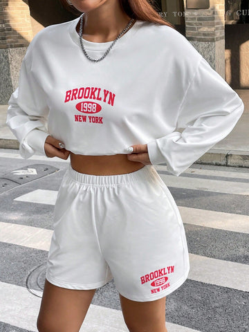 White Letter Print Sweatshirt And Shorts Set With Slanted Pockets