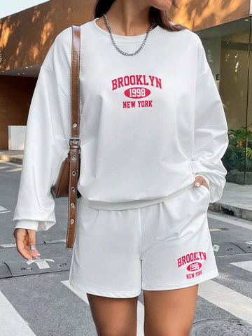 White Letter Print Sweatshirt And Shorts Set With Slanted Pockets