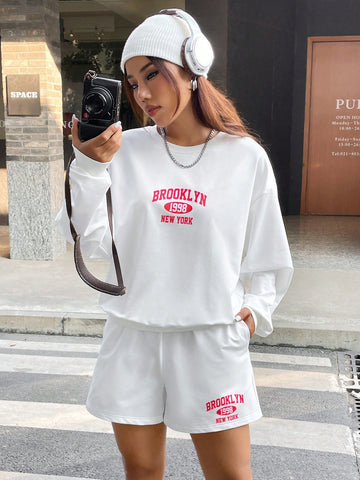 White Letter Print Sweatshirt And Shorts Set With Slanted Pockets