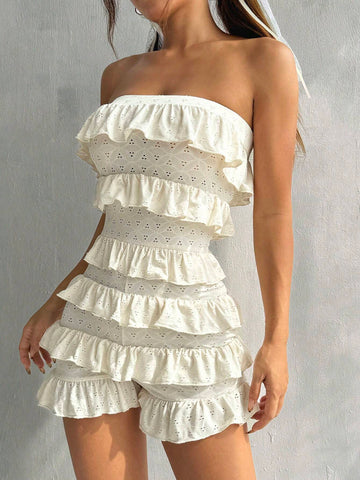 White Ruffle Sleeveless Tube Jumpsuit, Summer