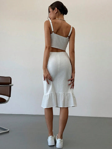 White Sweet Elegant Pleated Camisole & Mid-Length Skirt Set With Ruched Hem, Summer