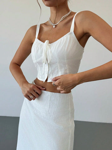 White Sweet Elegant Pleated Camisole & Mid-Length Skirt Set With Ruched Hem, Summer