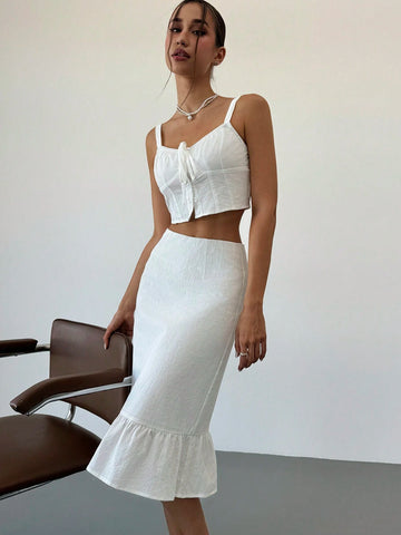 White Sweet Elegant Pleated Camisole & Mid-Length Skirt Set With Ruched Hem, Summer