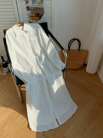 White Woven Long Sleeve Dress For Women