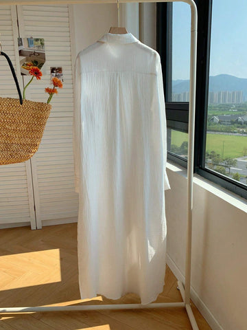 White Woven Long Sleeve Dress For Women