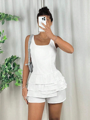 White Woven Women's Spliced Multi-Layer Ruffle Trim Casual Square Neck Sleeveless Romper
