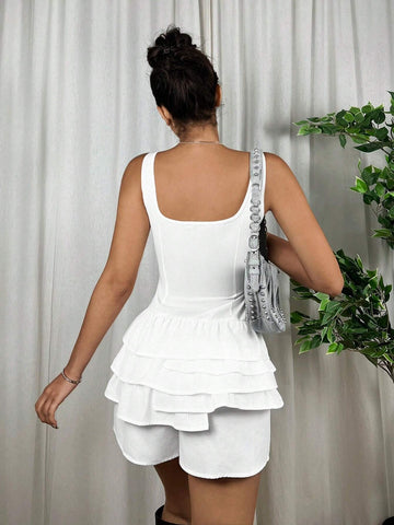 White Woven Women's Spliced Multi-Layer Ruffle Trim Casual Square Neck Sleeveless Romper