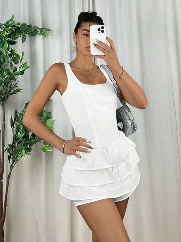 White Woven Women's Spliced Multi-Layer Ruffle Trim Casual Square Neck Sleeveless Romper