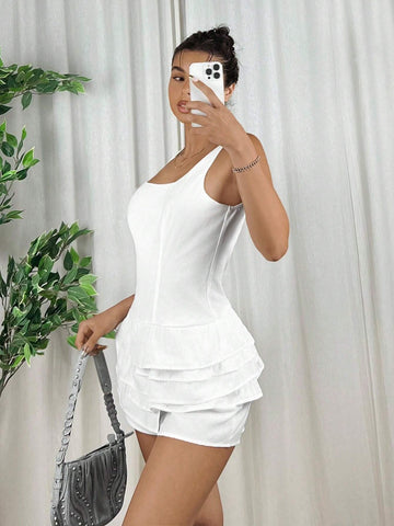 White Woven Women's Spliced Multi-Layer Ruffle Trim Casual Square Neck Sleeveless Romper